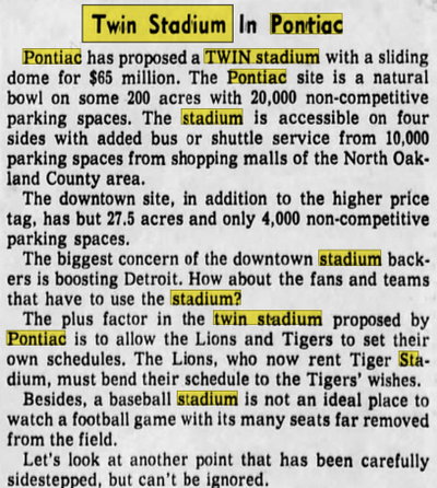 Unbuilt Sports Stadiums - Twin Stadium Pontiac Article